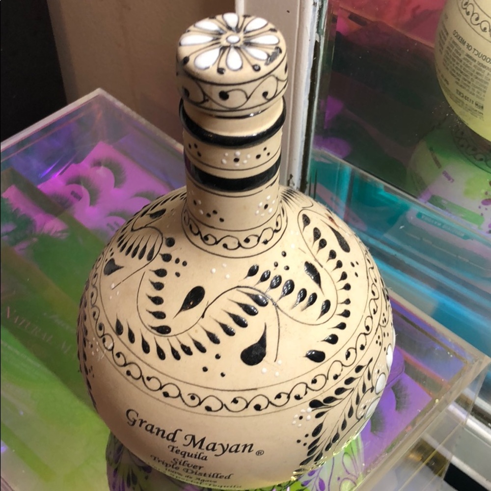 Handmade hand painted clay tequila bottle …